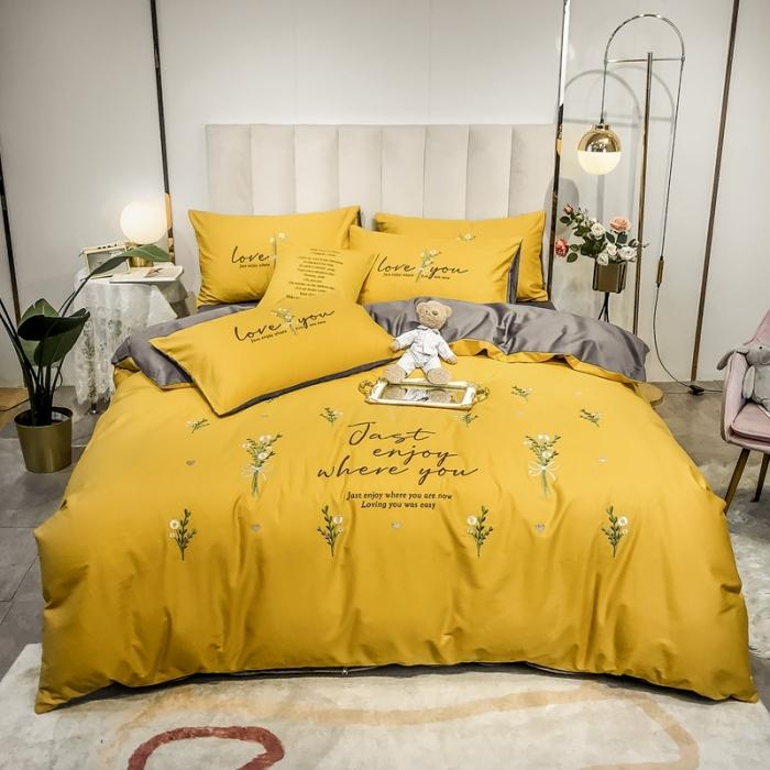 91家纺网 家纺一手货源 找家纺 眠帛家居 2020全棉绣花小清新四件套 麦卉姜黄