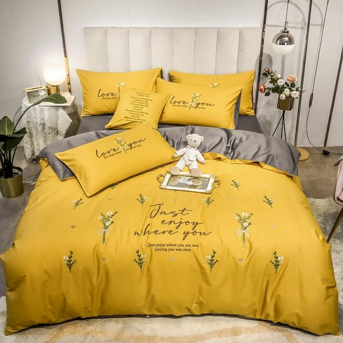 91家纺网 家纺一手货源 找家纺 眠帛家居 2020全棉绣花小清新四件套 麦卉姜黄