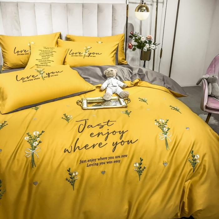 91家纺网 家纺一手货源 找家纺 眠帛家居 2020全棉绣花小清新四件套 麦卉姜黄