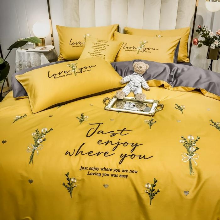 91家纺网 家纺一手货源 找家纺 眠帛家居 2020全棉绣花小清新四件套 麦卉姜黄