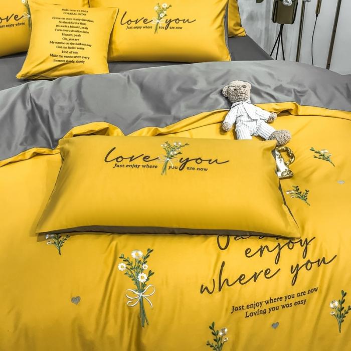 91家纺网 家纺一手货源 找家纺 眠帛家居 2020全棉绣花小清新四件套 麦卉姜黄