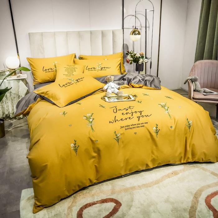 91家纺网 家纺一手货源 找家纺 眠帛家居 2020全棉绣花小清新四件套 麦卉姜黄