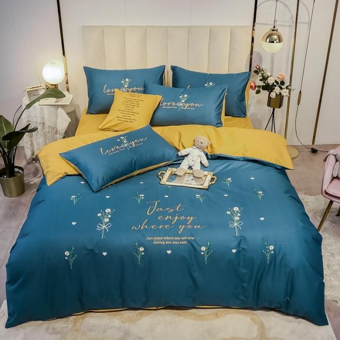 91家纺网 家纺一手货源 找家纺 眠帛家居 2020全棉绣花小清新四件套 麦卉月光蓝