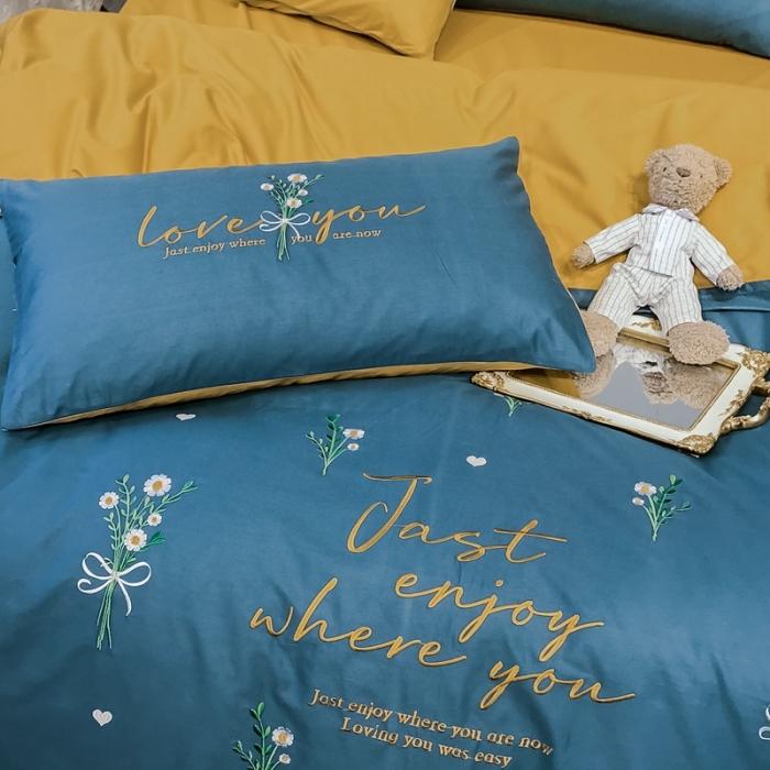 91家纺网 家纺一手货源 找家纺 眠帛家居 2020全棉绣花小清新四件套 麦卉月光蓝