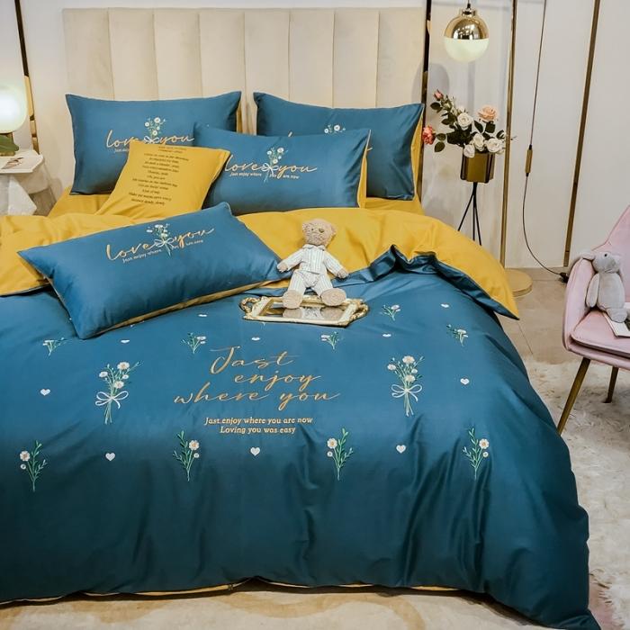 91家纺网 家纺一手货源 找家纺 眠帛家居 2020全棉绣花小清新四件套 麦卉月光蓝