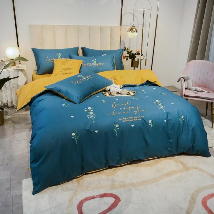 91家纺网 家纺一手货源 找家纺 眠帛家居 2020全棉绣花小清新四件套 麦卉月光蓝