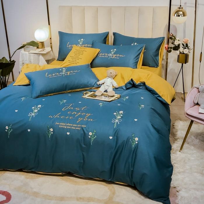 91家纺网 家纺一手货源 找家纺 眠帛家居 2020全棉绣花小清新四件套 麦卉月光蓝