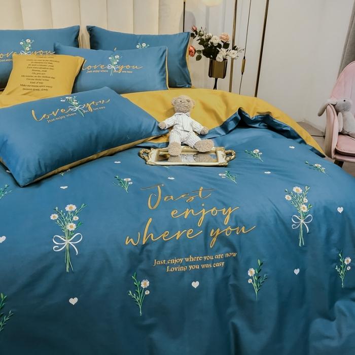 91家纺网 家纺一手货源 找家纺 眠帛家居 2020全棉绣花小清新四件套 麦卉月光蓝