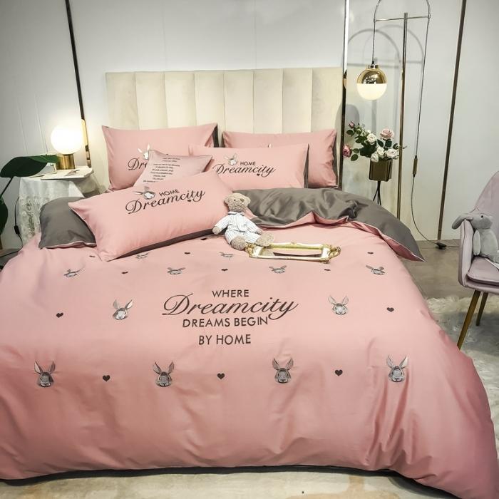 91家纺网 家纺一手货源 找家纺 眠帛家居 2020全棉绣花小清新四件套 伊凌豆沙