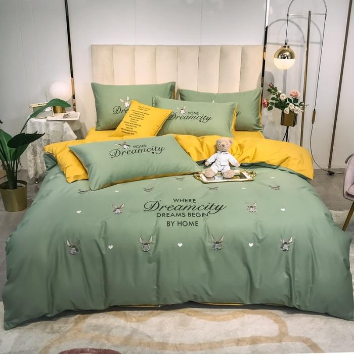 91家纺网 家纺一手货源 找家纺 眠帛家居 2020全棉绣花小清新四件套 伊凌灰绿