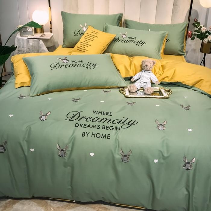 91家纺网 家纺一手货源 找家纺 眠帛家居 2020全棉绣花小清新四件套 伊凌灰绿