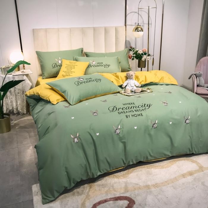 91家纺网 家纺一手货源 找家纺 眠帛家居 2020全棉绣花小清新四件套 伊凌灰绿