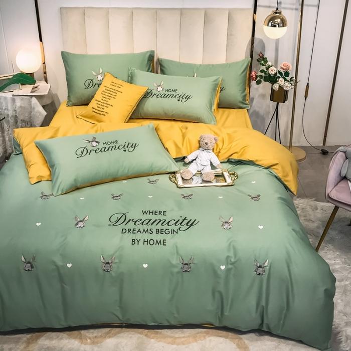 91家纺网 家纺一手货源 找家纺 眠帛家居 2020全棉绣花小清新四件套 伊凌灰绿