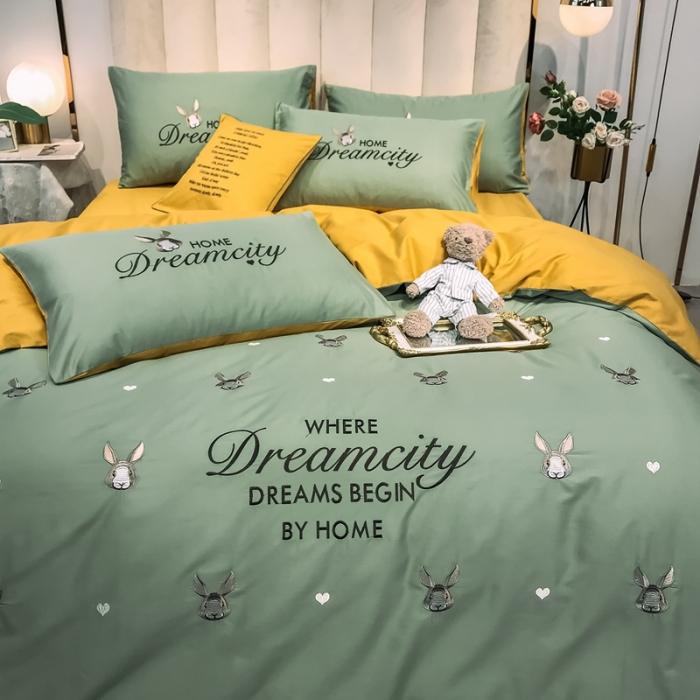 91家纺网 家纺一手货源 找家纺 眠帛家居 2020全棉绣花小清新四件套 伊凌灰绿