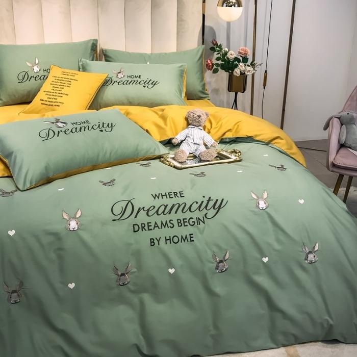 91家纺网 家纺一手货源 找家纺 眠帛家居 2020全棉绣花小清新四件套 伊凌灰绿