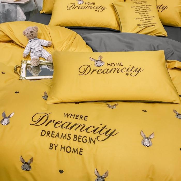 91家纺网 家纺一手货源 找家纺 眠帛家居 2020全棉绣花小清新四件套 伊凌姜黄