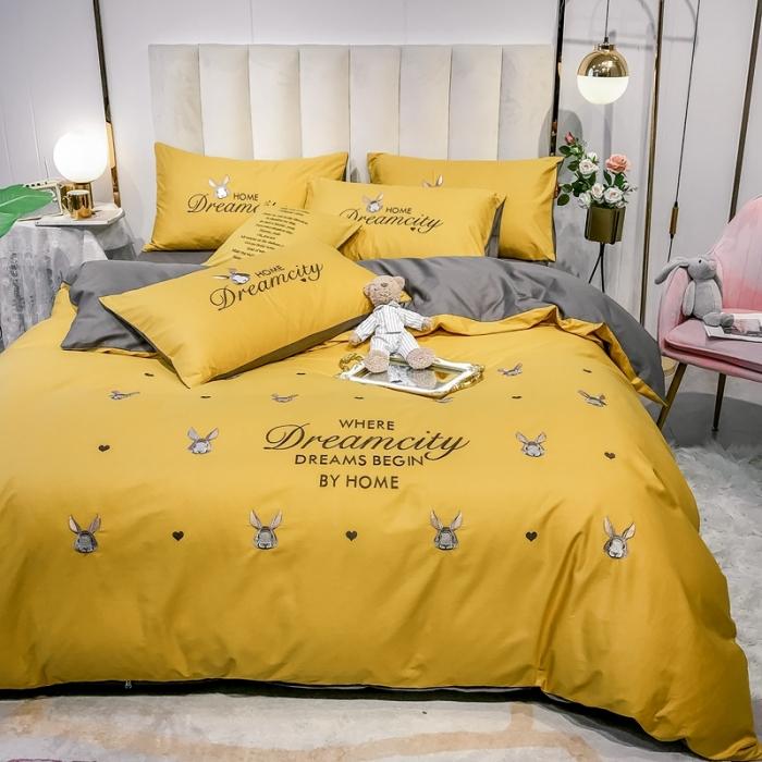 91家纺网 家纺一手货源 找家纺 眠帛家居 2020全棉绣花小清新四件套 伊凌姜黄