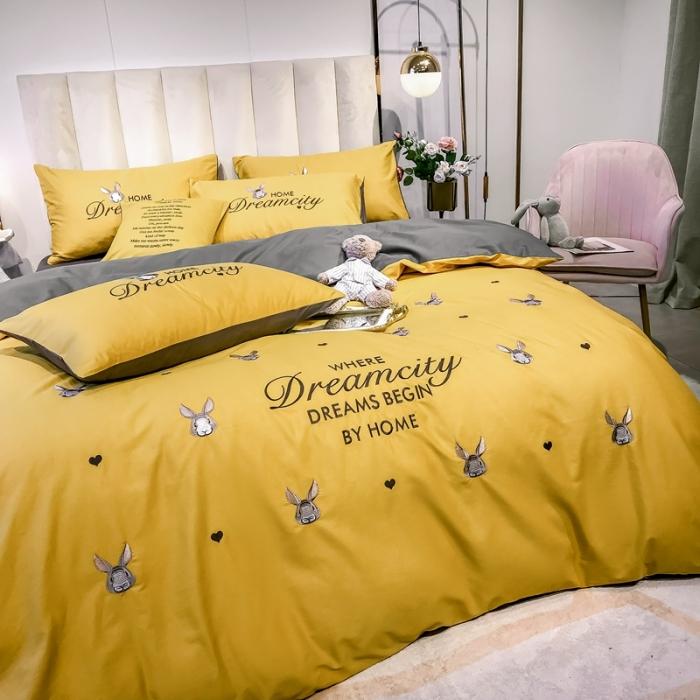 91家纺网 家纺一手货源 找家纺 眠帛家居 2020全棉绣花小清新四件套 伊凌姜黄