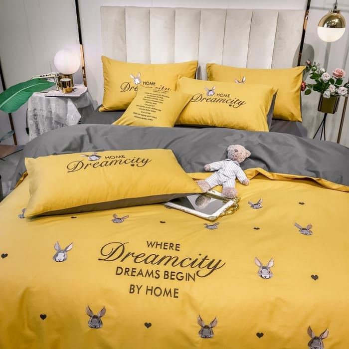 91家纺网 家纺一手货源 找家纺 眠帛家居 2020全棉绣花小清新四件套 伊凌姜黄