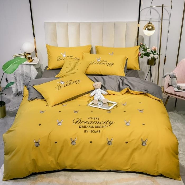 91家纺网 家纺一手货源 找家纺 眠帛家居 2020全棉绣花小清新四件套 伊凌姜黄