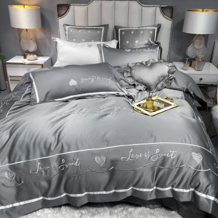 91家纺网 家纺一手货源 找家纺 眠帛家居 2020新款60水洗真丝刺绣心心相印四件套 灰色