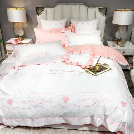 眠帛家居 2020新款60水洗真丝刺绣心心相印四件套 白色