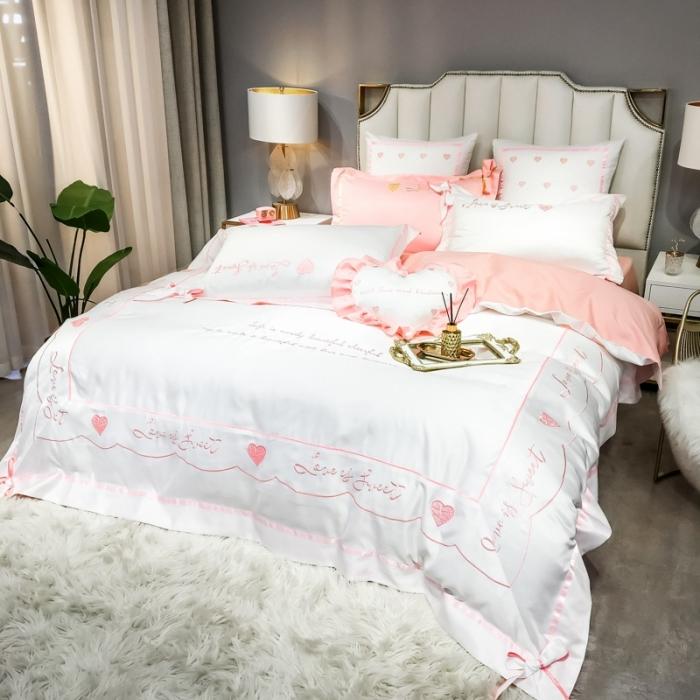 91家纺网 家纺一手货源 找家纺 眠帛家居 2020新款60水洗真丝刺绣心心相印四件套 白色