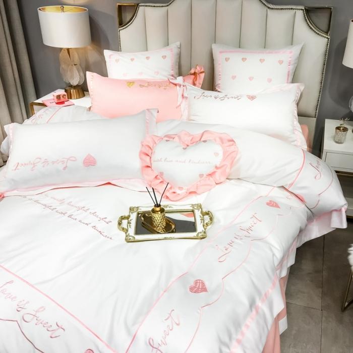 91家纺网 家纺一手货源 找家纺 眠帛家居 2020新款60水洗真丝刺绣心心相印四件套 白色