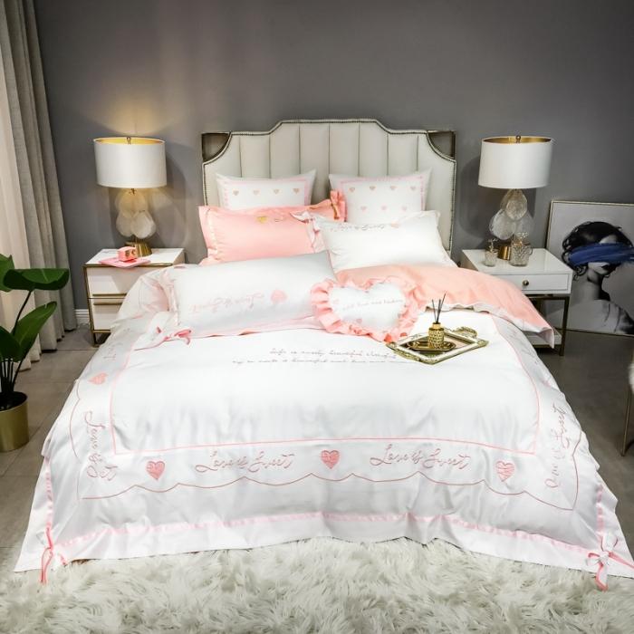 91家纺网 家纺一手货源 找家纺 眠帛家居 2020新款60水洗真丝刺绣心心相印四件套 白色