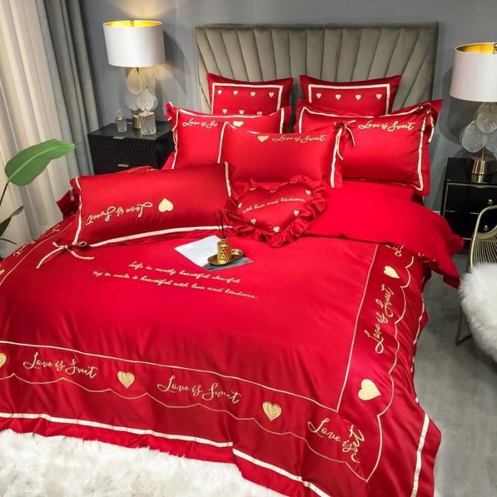 91家纺网 家纺一手货源 找家纺 眠帛家居 2020新款60水洗真丝刺绣心心相印四件套 大红色