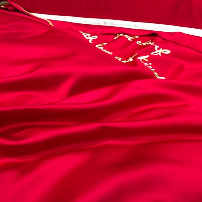 91家纺网 家纺一手货源 找家纺 眠帛家居 2020新款60水洗真丝刺绣心心相印四件套 大红色