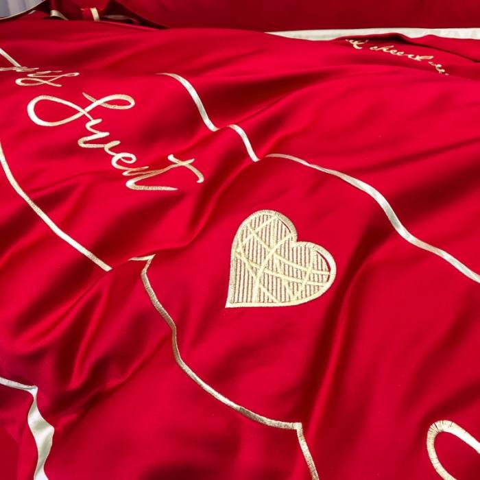 91家纺网 家纺一手货源 找家纺 眠帛家居 2020新款60水洗真丝刺绣心心相印四件套 大红色