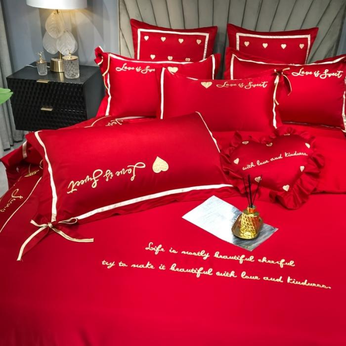 91家纺网 家纺一手货源 找家纺 眠帛家居 2020新款60水洗真丝刺绣心心相印四件套 大红色