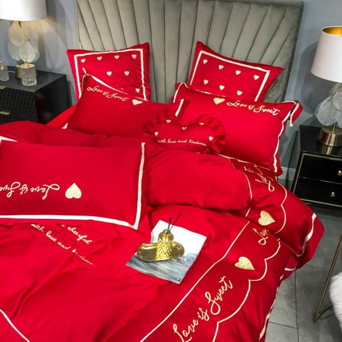 91家纺网 家纺一手货源 找家纺 眠帛家居 2020新款60水洗真丝刺绣心心相印四件套 大红色