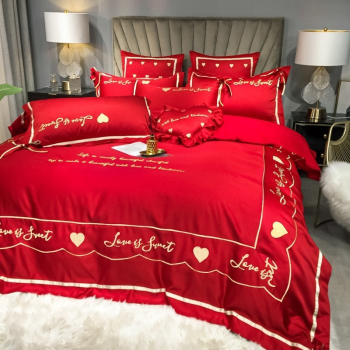 91家纺网 家纺一手货源 找家纺 眠帛家居 2020新款60水洗真丝刺绣心心相印四件套 大红色