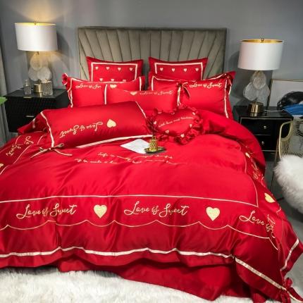 眠帛家居 2020新款60水洗真丝刺绣心心相印四件套 大红色