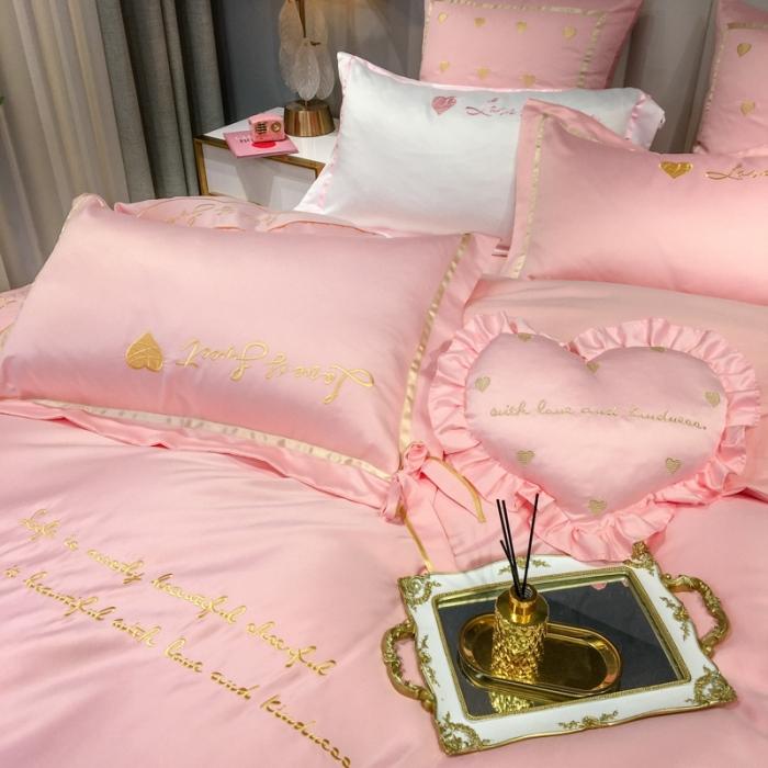 91家纺网 家纺一手货源 找家纺 眠帛家居 2020新款60水洗真丝刺绣心心相印四件套 粉色