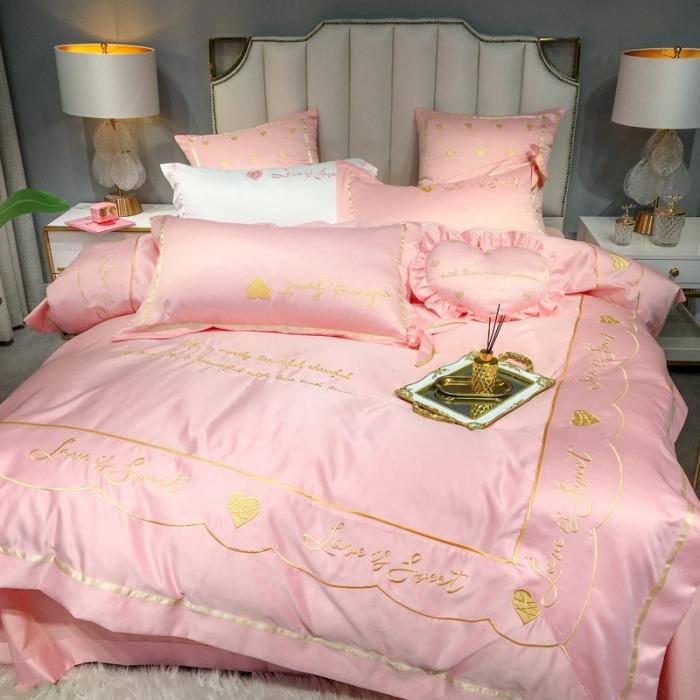91家纺网 家纺一手货源 找家纺 眠帛家居 2020新款60水洗真丝刺绣心心相印四件套 粉色
