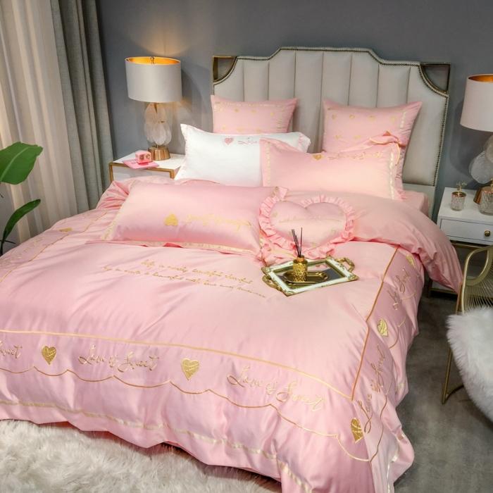 91家纺网 家纺一手货源 找家纺 眠帛家居 2020新款60水洗真丝刺绣心心相印四件套 粉色
