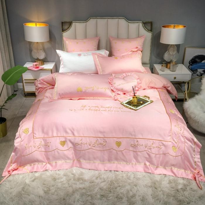91家纺网 家纺一手货源 找家纺 眠帛家居 2020新款60水洗真丝刺绣心心相印四件套 粉色