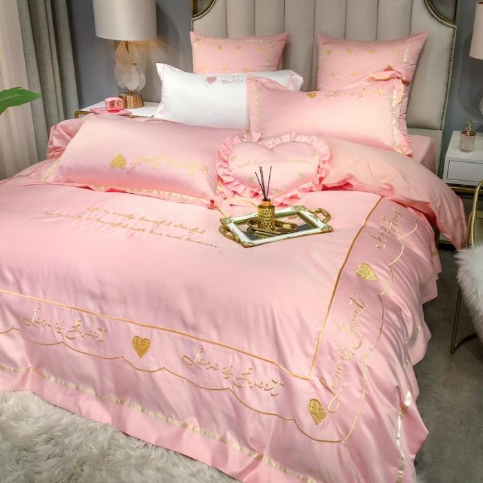91家纺网 家纺一手货源 找家纺 眠帛家居 2020新款60水洗真丝刺绣心心相印四件套 粉色