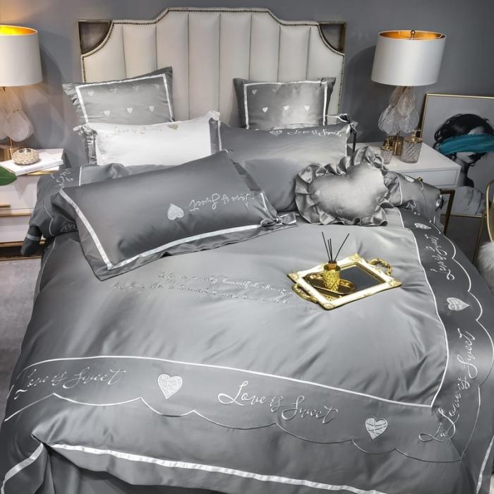 91家纺网 家纺一手货源 找家纺 眠帛家居 2020新款60水洗真丝刺绣心心相印四件套 灰色