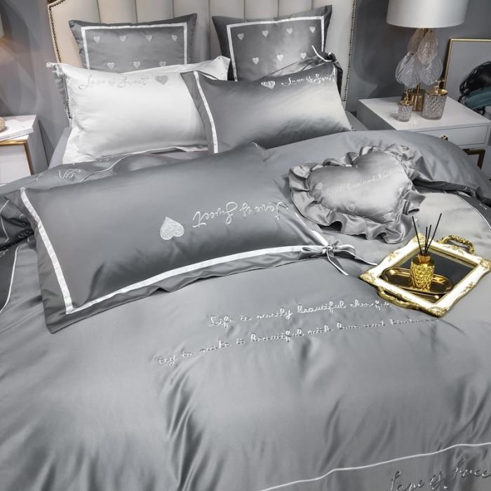 91家纺网 家纺一手货源 找家纺 眠帛家居 2020新款60水洗真丝刺绣心心相印四件套 灰色