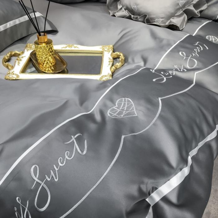 91家纺网 家纺一手货源 找家纺 眠帛家居 2020新款60水洗真丝刺绣心心相印四件套 灰色