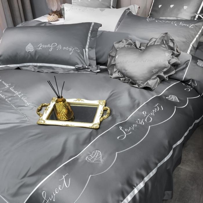 91家纺网 家纺一手货源 找家纺 眠帛家居 2020新款60水洗真丝刺绣心心相印四件套 灰色