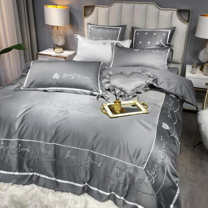 91家纺网 家纺一手货源 找家纺 眠帛家居 2020新款60水洗真丝刺绣心心相印四件套 灰色