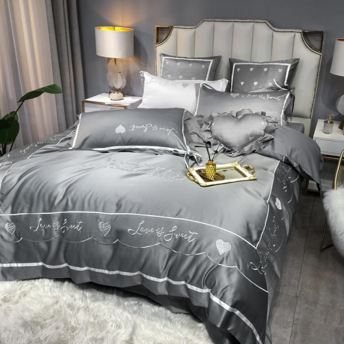 91家纺网 家纺一手货源 找家纺 眠帛家居 2020新款60水洗真丝刺绣心心相印四件套 灰色