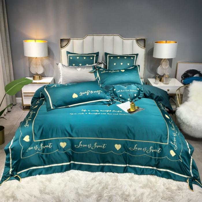 91家纺网 家纺一手货源 找家纺 眠帛家居 2020新款60水洗真丝刺绣心心相印四件套 绿色