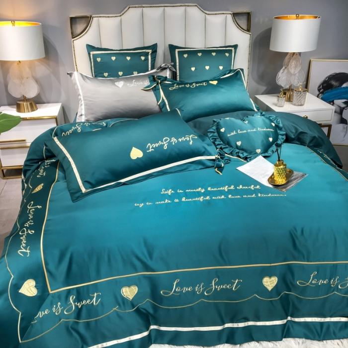 91家纺网 家纺一手货源 找家纺 眠帛家居 2020新款60水洗真丝刺绣心心相印四件套 绿色