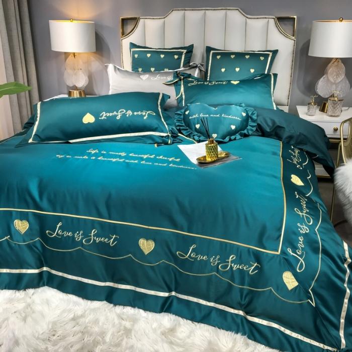 91家纺网 家纺一手货源 找家纺 眠帛家居 2020新款60水洗真丝刺绣心心相印四件套 绿色